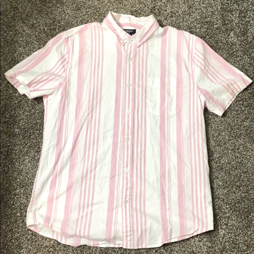 pink and white button-down